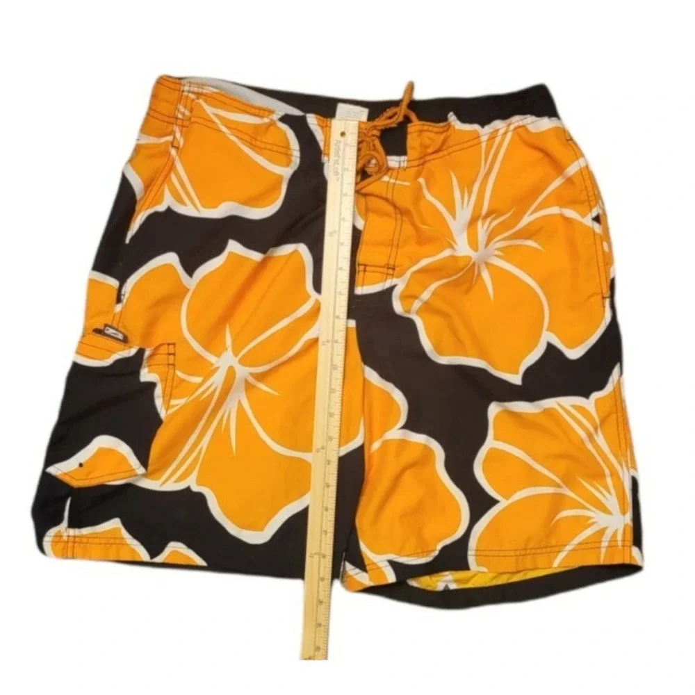 Speedo Mens Board Shorts Orange Black Hibiscus Floral Swim Trunks Large